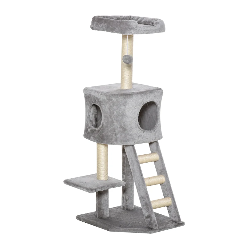 PawHut Arranhador 120 cm Torre para gatos com toca, bola de brincar, troncos de sisal, plataforma, escada, arranhador multiandar, árvore de escalada para gatos, Cinza claro