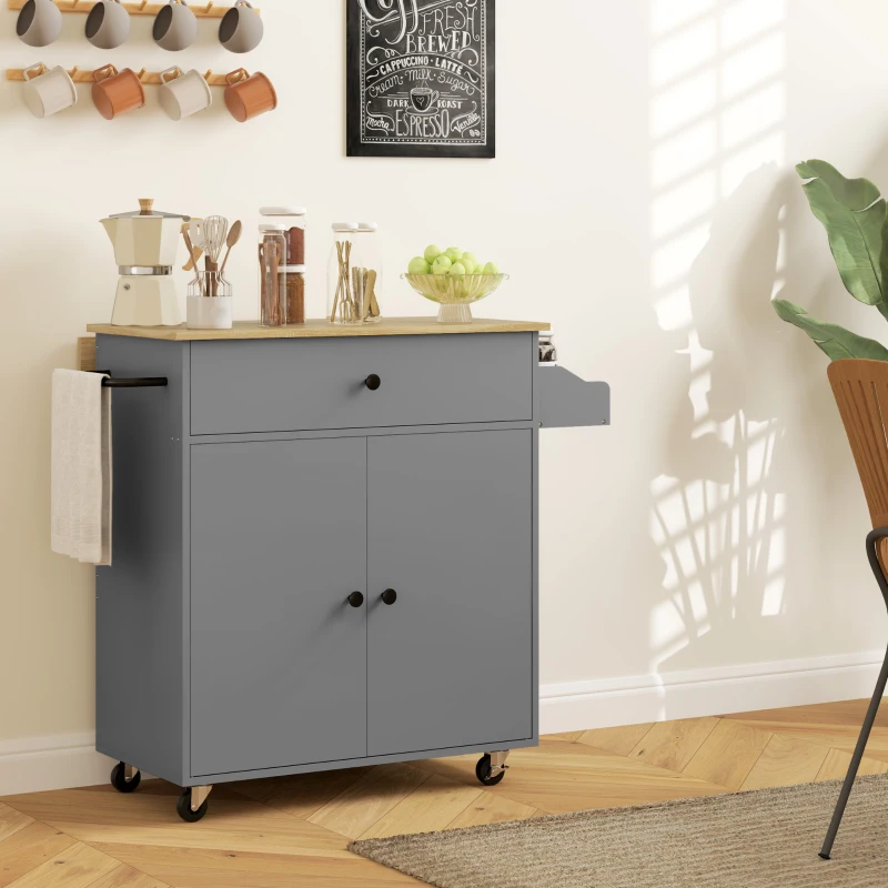 HOMCOM Desserte de cuisine sur roulettes, Îlot central cuisine tiroir étagère réglable support à épices et porte-serviette gris