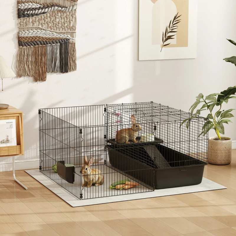 PawHut Gaiola para pequenos animais com cercadinho removível, parque com estábulo, incl. acessórios, preto