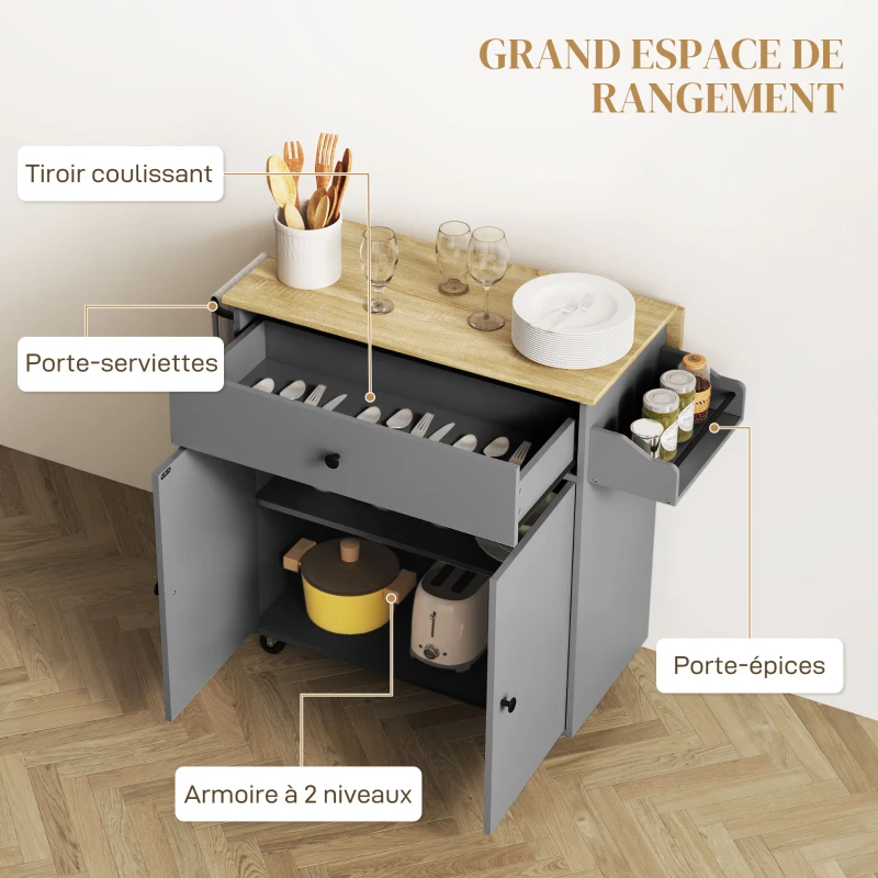 HOMCOM Desserte de cuisine sur roulettes, Îlot central cuisine tiroir étagère réglable support à épices et porte-serviette gris