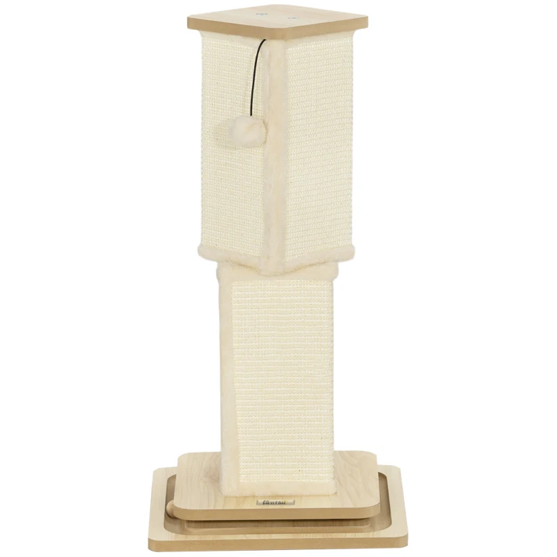 PawHut Arranhador 3-in-1 com pista de jogo, bola de brincar, sisal, até 5 kg, 34 x 34 x 67 cm, Carvalho/Creme