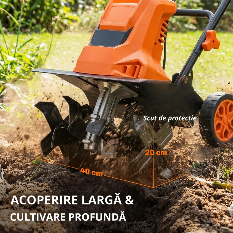 Outsunny Motobineusă electrică 1500W cu mâner pliabil, lățime de lucru 40 cm, adâncime de arat 9 cm, 6 lame, portocaliu