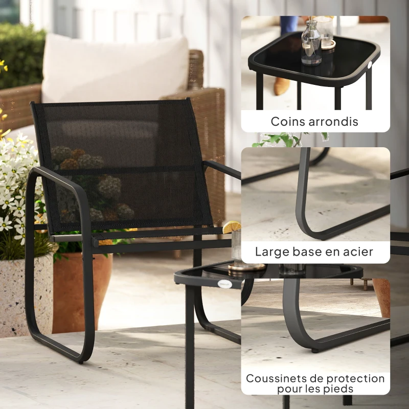 Outsunny 3-teiliges Bistro-Garten-Set mit 2 Textilene-Stühlen und Niedrigtisch mit Einscheibensicherheitsglas, schwarz