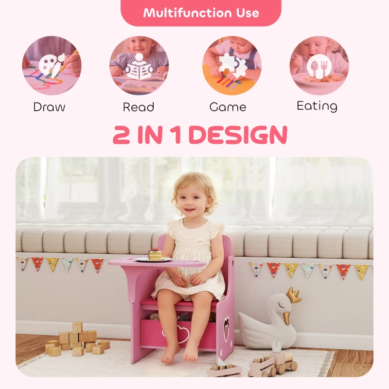 AIYAPLAY Set Tavolo e Sedia per Bambini 3-5 Anni in Legno MDF con Motivi a Cuore, Contenitore Integrato, Rosa
