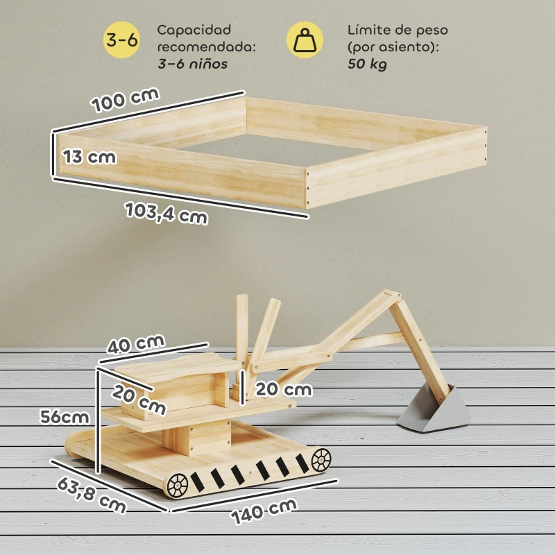 AIYAPLAY Arenero para Niños de Madera con Excavadora Arenero Infantil con Asiento Giratorio 360° y Forro 184x90x56 cm Natural