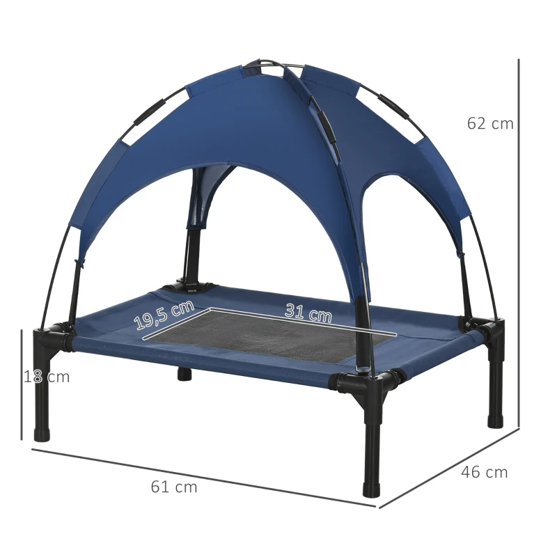 PawHut Cama para animais ao ar livre - cama para cão resistente ao tempo, com dossel, 61 cm x 46 cm x 62 cm, Azul + Preto