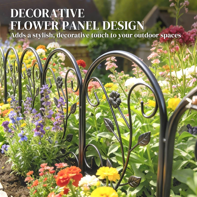 Outsunny Gard de grădină din metal 80 x 60 cm, set grilaj decorativ cu suport pentru grădină, paturi cu flori, barieră pentru animale, Negru