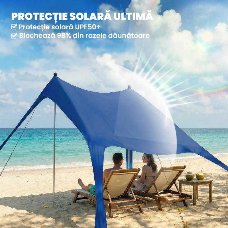 Outsunny Cort de Plajă pentru 2-4 Persoane, Covoraș, Lopată, Protecție Solară UPF50+, Albastru