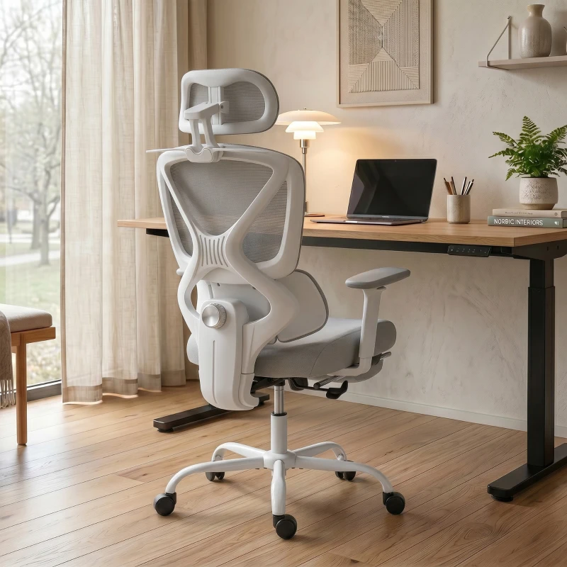 HOMCOM Ergonomischer Bürostuhl, Bürosessel mit adaptiv-dynamischer Lendenstütze, 73x75x120-128cm, grau