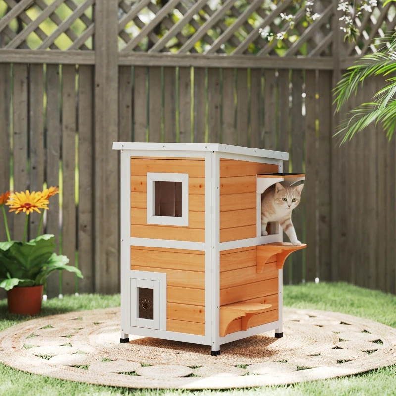 PawHut Caseta para Gatos de Madera Exterior de 2 Niveles con Techo Abatible Panel Central Extraíble 51x51x81,3 cm Natural