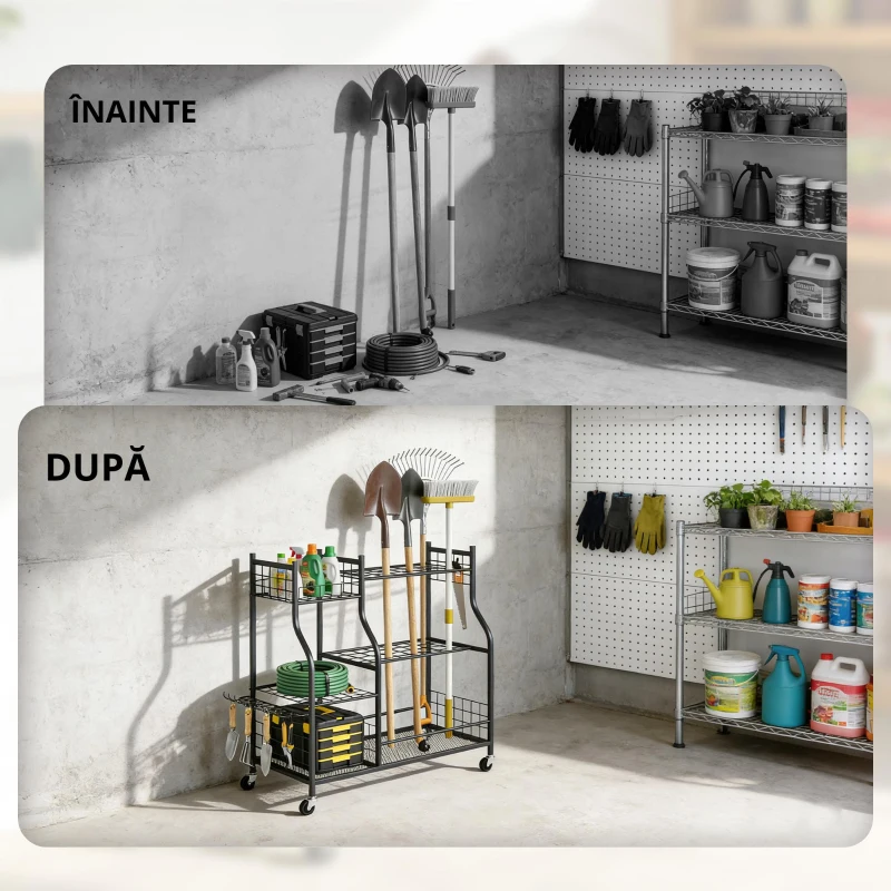 Outsunny Organizator de Ounelte de Grădină în Oțel pe 3 Nivele, 74 Emplacements, 4 Roues, 11 Crochets, 104x40x95cm, Negru