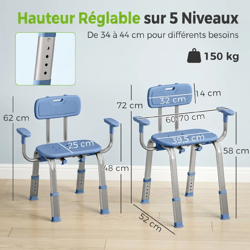 HOMCOM Tabouret de douche chaise de douche ergonomique avec accoudoirs, dossier, hauteur et siège réglables, bleu