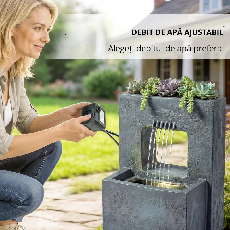 Outsunny Fântână arteziană în 2 trepte, fântână de grădină cu iluminare LED, ghiveci pentru plante, pompă, aspect piatră, reglabil 45 x 31,5 x 58,5 cm