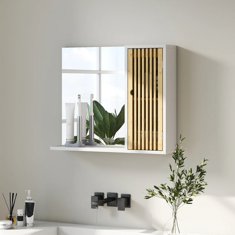 HOMCOM Espejo de Baño 60x50 cm Espejo de Pared con Puerta de Listones de Bambú Estantes de Almacenaje Blanco y Natural