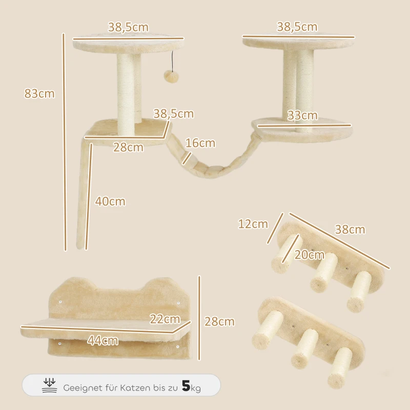 PawHut Conjunto de escadas para gatos, montagem em parede e teto, para gatos até 5 kg, Bege
