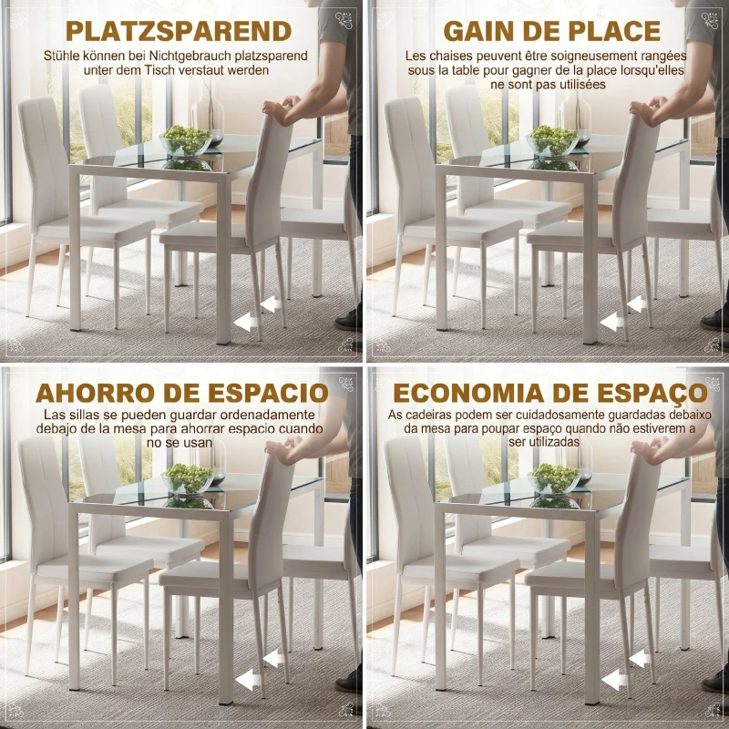 Homcom Set Dining Alb Modern – Masa + 4 Scaune Tapitate pentru 4 Persoane
