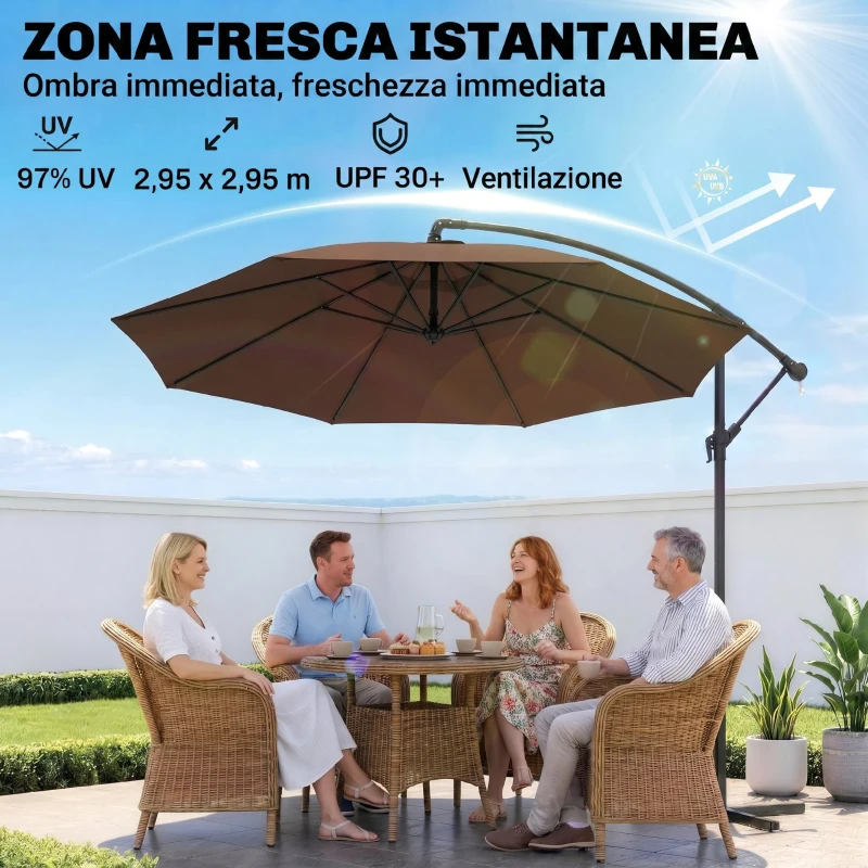Outsunny Ombrellone da Giardino 3x2.5 m a Braccio Inclinabile con Manovella, in Acciaio e Poliestere, Marrone