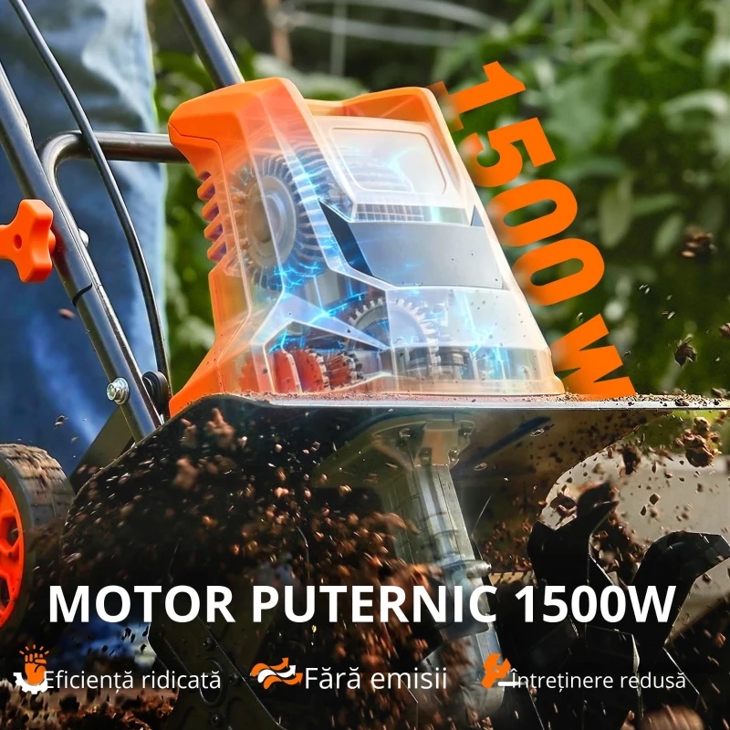 Outsunny Motobineusă electrică 1500W cu mâner pliabil, lățime de lucru 40 cm, adâncime de arat 9 cm, 6 lame, portocaliu