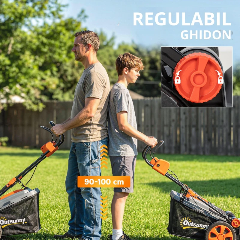 Outsunny Mașină de tuns iarba pe baterie fără fir 18V cu 2 baterii de 4Ah, lățime de tăiere 34 cm și funcție mulching, motor 700 W