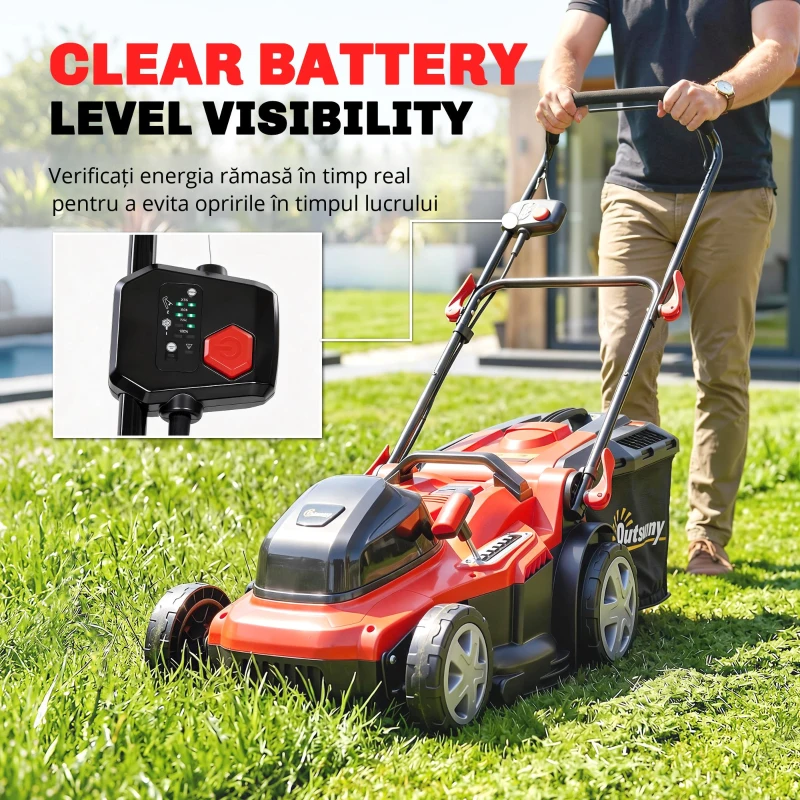 Outsunny Mașină de tuns iarbă electrică 800 W cu lățime de tăiere 40 cm, coș 45L, afișaj baterie, protecție la suprasarcină, 7 trepte de tăiere