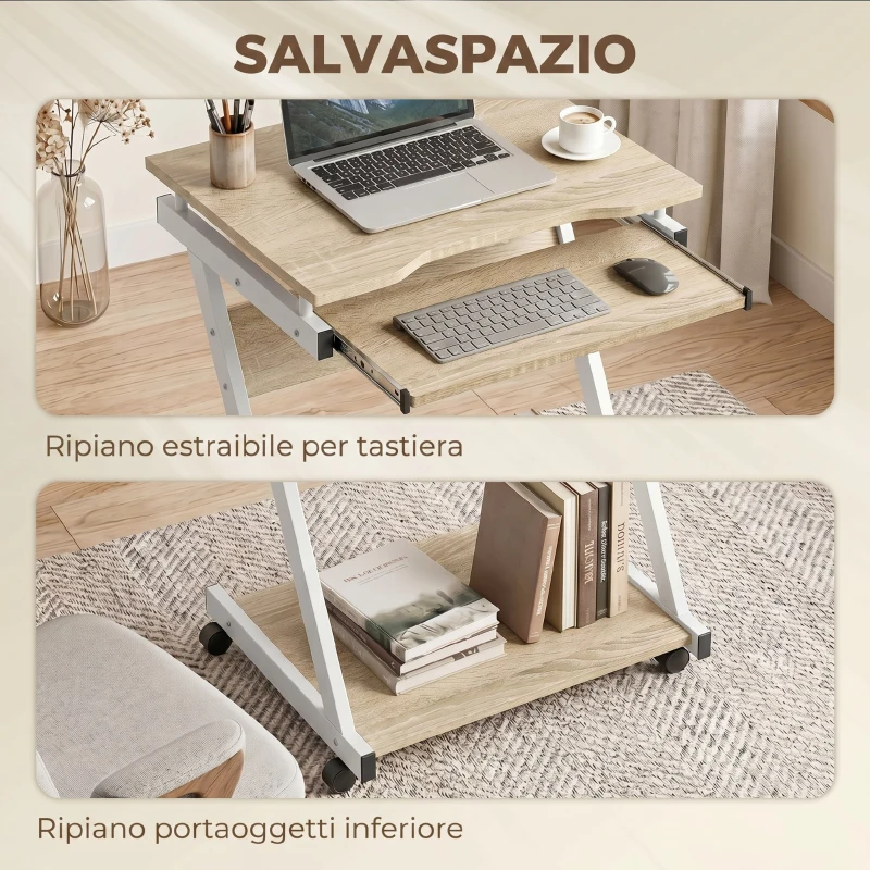 HOMCOM Scrivania per Computer con 4 Ruote, Tastiera Scorrevole, Colore Rovere