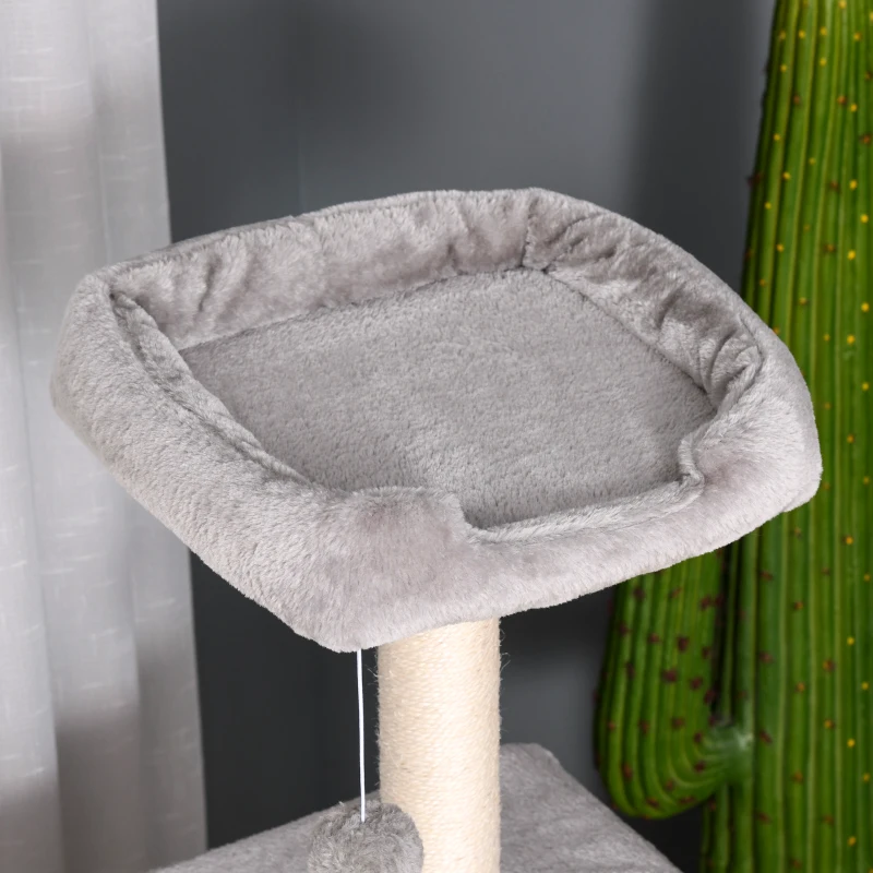 PawHut Arranhador 120 cm Torre para gatos com toca, bola de brincar, troncos de sisal, plataforma, escada, arranhador multiandar, árvore de escalada para gatos, Cinza claro