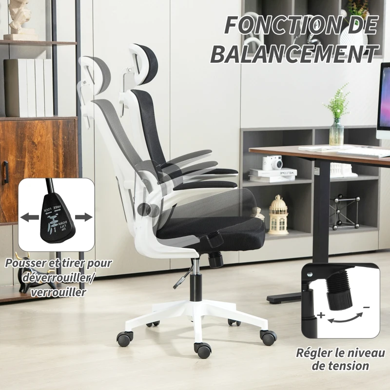 Vinsetto Fauteuil de bureau pivotant 360° avec appui-tête réglable et support lombaire - hauteur d'assise réglable noir