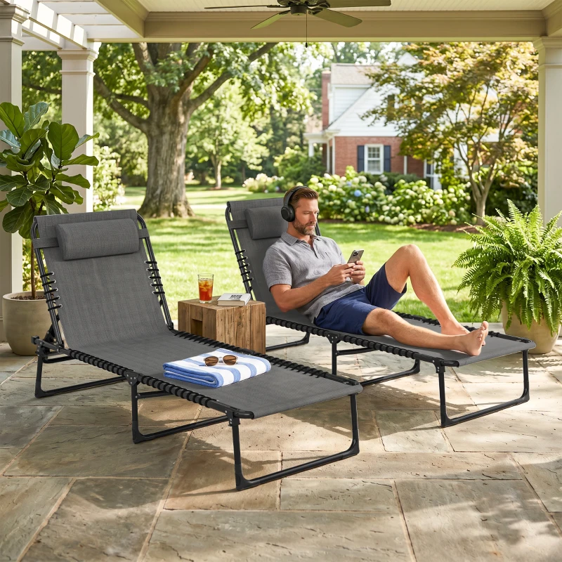 Outsunny Lot de 2 bain de soleil transat pliable dossier inclinable multi-positions acier lacets élastiques textilène gris