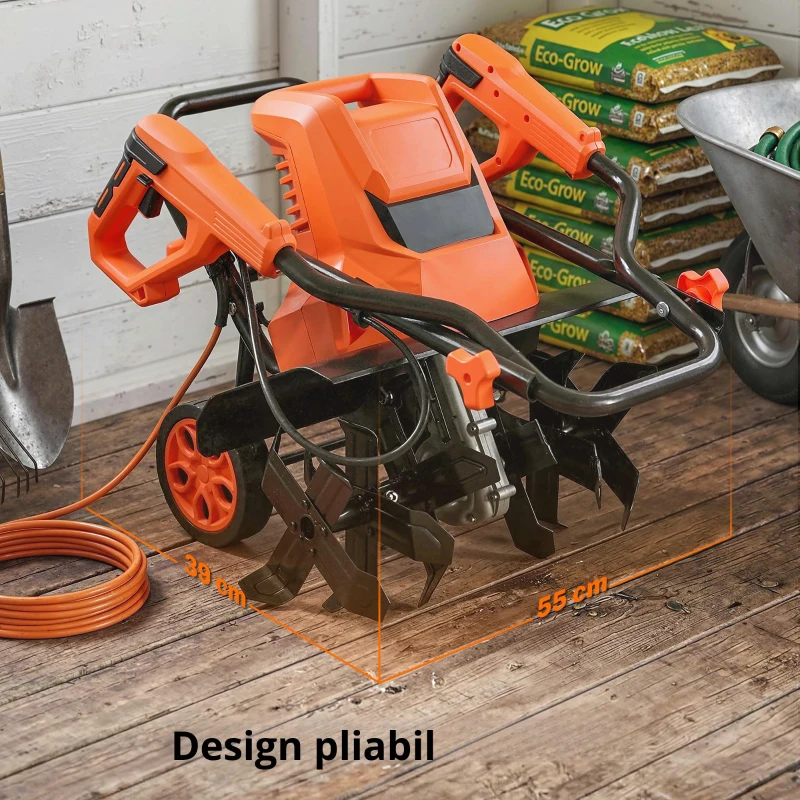 Outsunny Motobineusă electrică 1500W cu mâner pliabil, lățime de lucru 40 cm, adâncime de arat 9 cm, 6 lame, portocaliu
