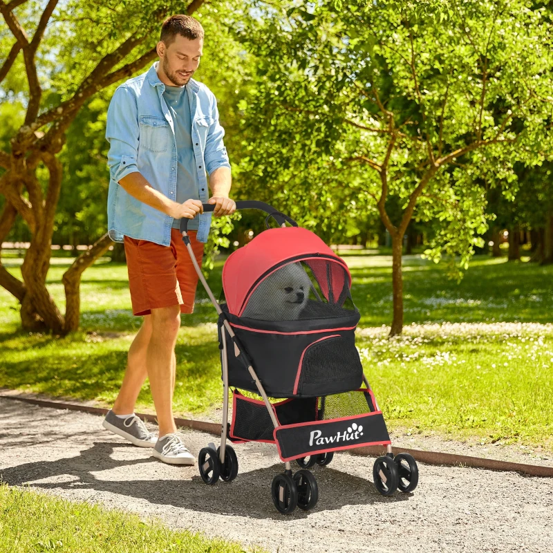 PawHut 2-em-1 Buggy para cães Trolley para cães, dobrável, 1 cesto, 1 bolsa, 82 cm x 49,5 cm x 98 cm, Vermelho