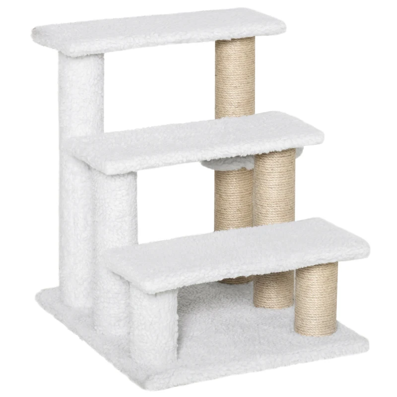 PawHut Escada para Gatos 3 Degraus Escada para Animais para Gato com Postes de Arranhar Bola Escada para Cão em Pelúcia e Juta 45 x 40 x 48 cm Branco