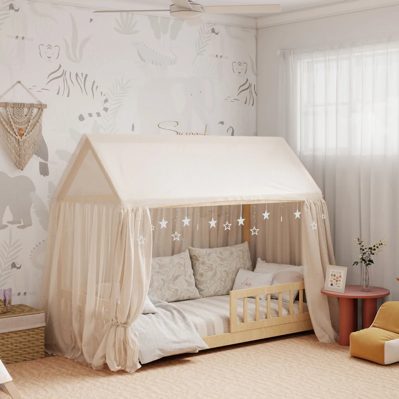 HOMCOM Bettgestell für Kinder in Hausform mit Latten und Schutzumrandung, aus Kiefernholz, Holzfarbe