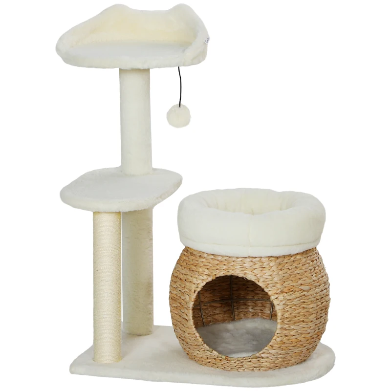 PawHut Arranhador com Casinha para Gatos Bola de Brincar e Plataforma Caniço e Sisal até 10 kg 60x40x79 cm Creme