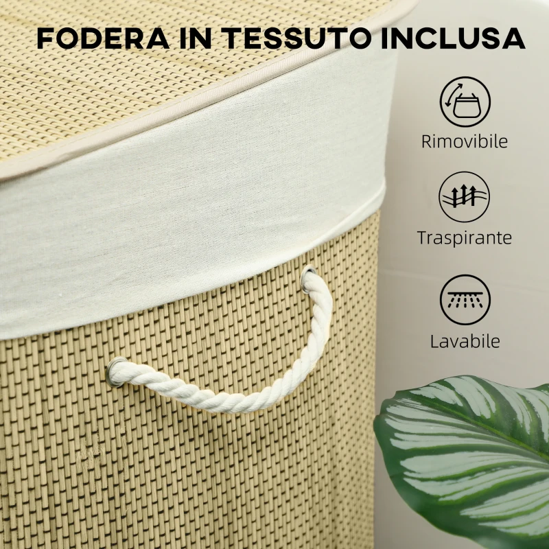 HOMCOM Cesto Portabiancheria in Bambù con Coperchio, 144L, 3 Scomparti, Sacca Removibile e Lavabile, Maniglie, Crema