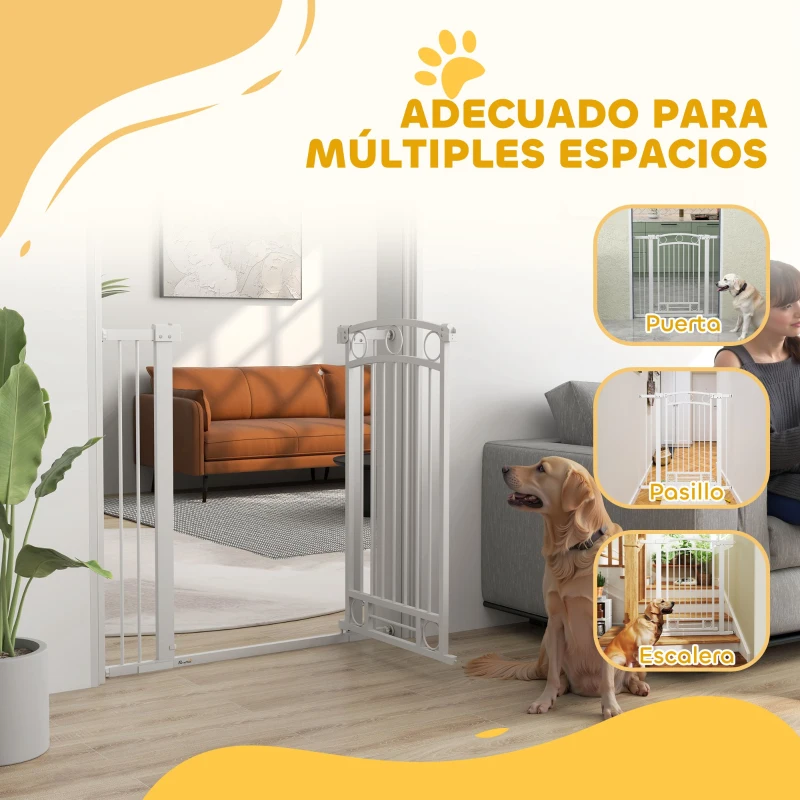 PawHut Puerta para Perros con Ancho Ajustable 76-104 cm Barrera de Seguridad para Perros con 2 Extensiones Blanco