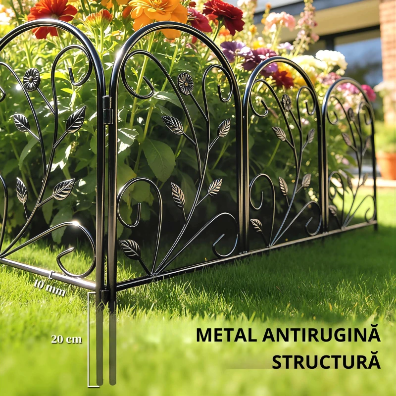 Outsunny Gard de grădină din metal 80 x 60 cm, set grilaj decorativ cu suport pentru grădină, paturi cu flori, barieră pentru animale, Negru
