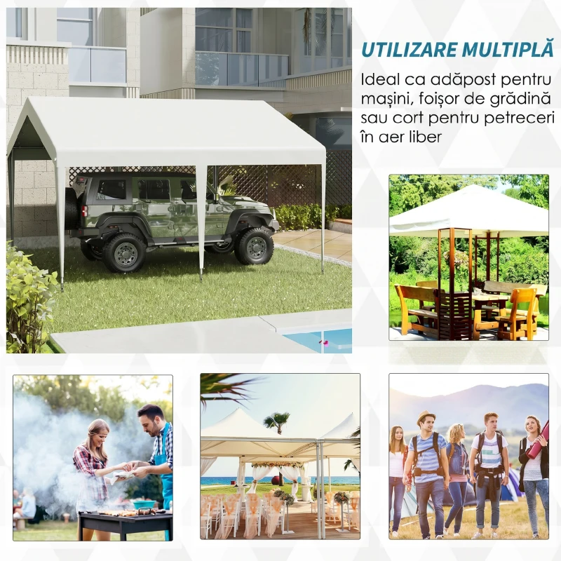 Outsunny Foisor 4x4m cu Acoperis de Protectie impotriva Razelor UV, Ploaie si Vant pentru Vehicule, Nunti si Petreceri - Alb