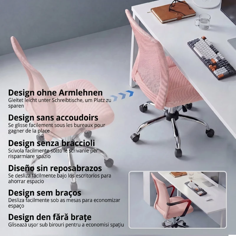 Vinsetto Scaun de Birou Ergonomic, Rotativ, fără Brațe, din Plasă Respirabilă, Înălțime Reglabilă, Roz