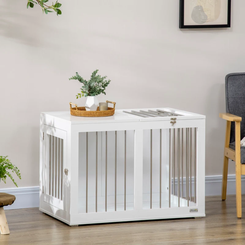 PawHut Casetta per Cani Taglia Media con 2 Porte Bloccabili, Gabbia in Acciaio e MDF, 80x50x56.5 cm, Bianco