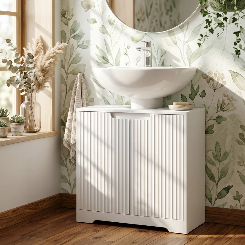 HOMCOM Armário Inferior para Lavatório com Portas de Fecho Suave e Design Canelado 2 Prateleiras para Lavatório com ou sem Pedestal Branco