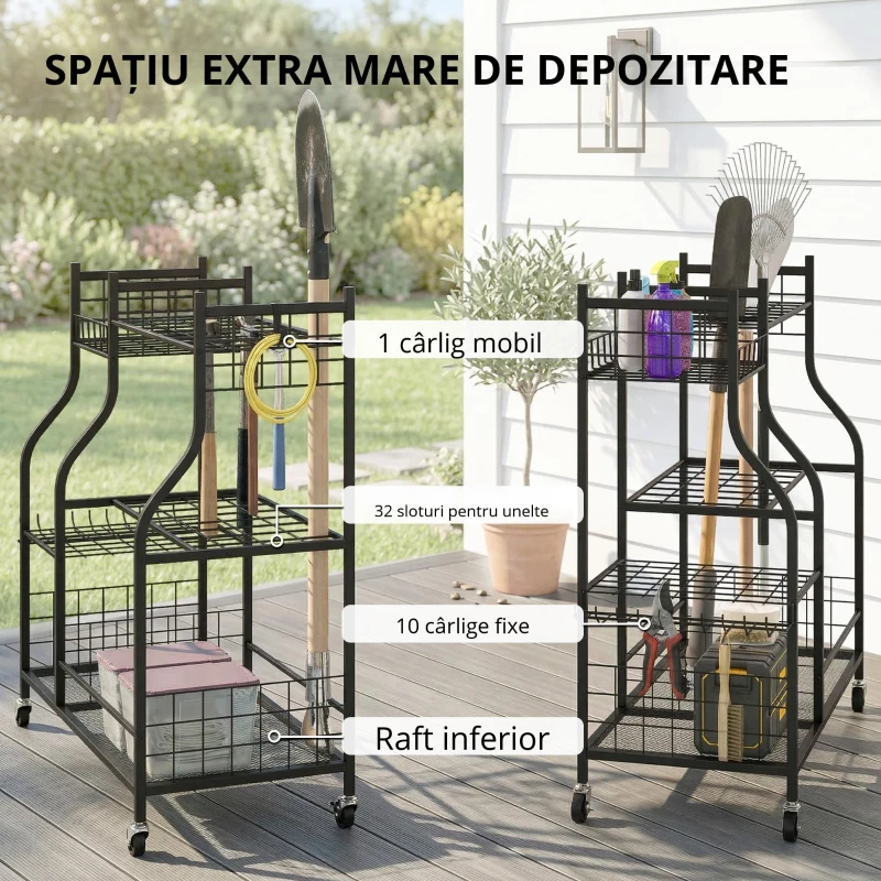 Outsunny Organizator de Ounelte de Grădină în Oțel pe 3 Nivele, 74 Emplacements, 4 Roues, 11 Crochets, 104x40x95cm, Negru