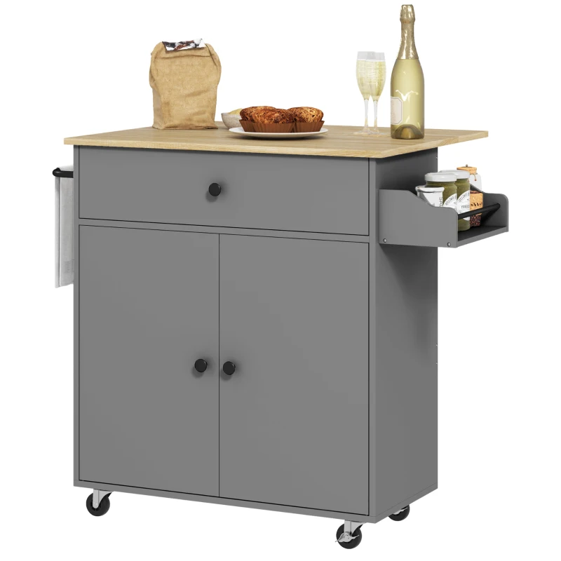 HOMCOM Desserte de cuisine sur roulettes, Îlot central cuisine tiroir étagère réglable support à épices et porte-serviette gris