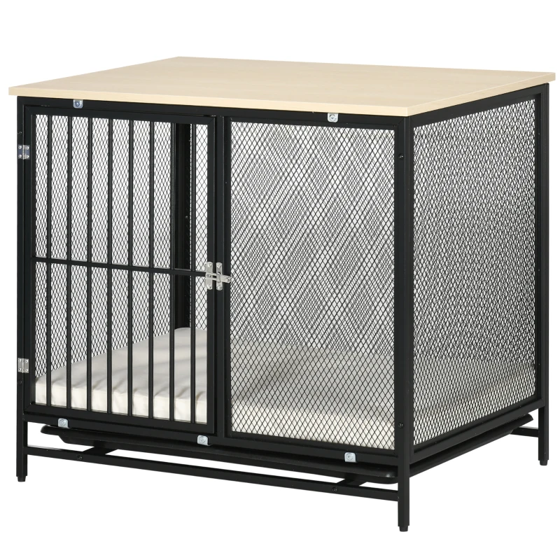 PawHut Gaiola para cães, Caixa para cães, almofada resistente à água, bandeja de fundo removível, com trava, Preto, 80 x 55 x 71 cm