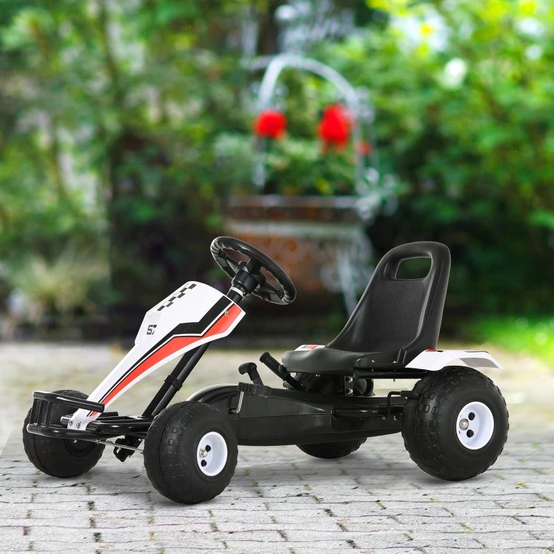 HOMCOM Go Kart a Pedales para Niños de +3 Años Coche de Pedales Infantil con Asiento Ajustable y Freno de Mano 104x66x57 cm Blanco y Negro