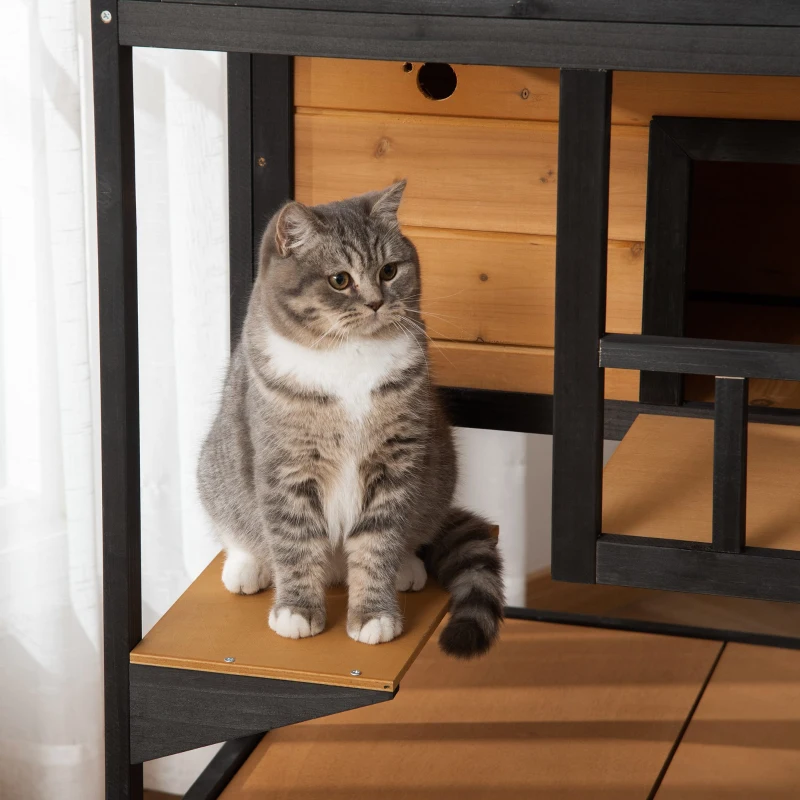 PawHut Caseta para Gatos de Madera 75,5x75x137 cm con Techo Asfáltico Plataformas para Interior y Exterior Natural