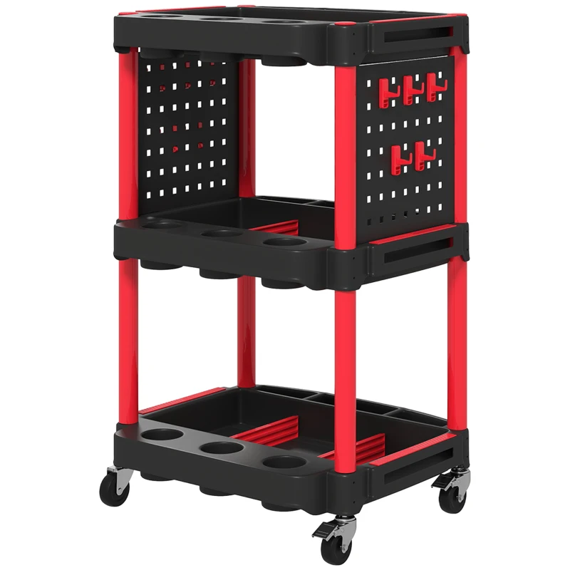 HOMCOM Carrinho de ferramentas, prateleiras de 3 níveis, 4 rodas, plástico, 10 ganchos, Vermelho