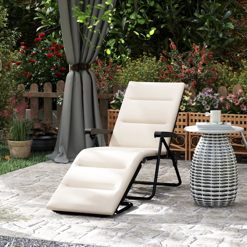 Outsunny Klappbare Sonnenliege, 6-fach verstellbar mit Auflage + Armlehnen Stahl Polyester 153 x 58,5 x 89 cm Creme