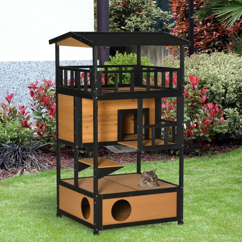 PawHut Caseta para Gatos de Madera 75,5x75x137 cm con Techo Asfáltico Plataformas para Interior y Exterior Natural