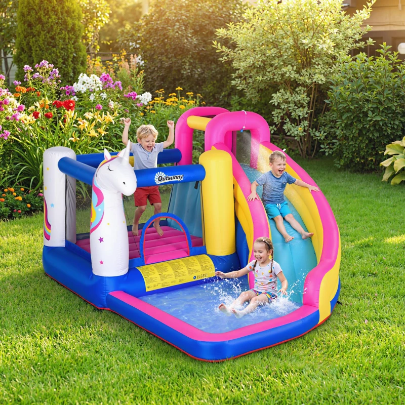 Outsunny Opblaasbaar springkasteel met glijbaan speelkasteel springkasteel met blazer voor 4 kinderen(m-2)