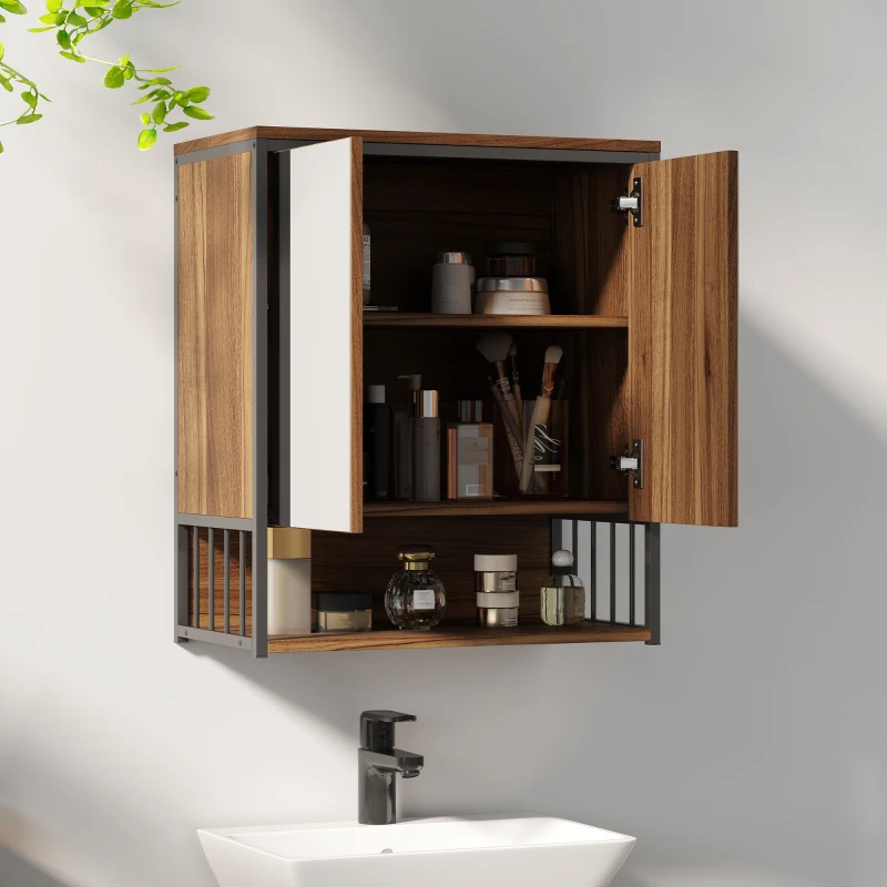 HOMCOM Hängeschrank Bad mit Spiegel Badezimmerschrank mit offenem Fach Soft-Close-Tür Braun